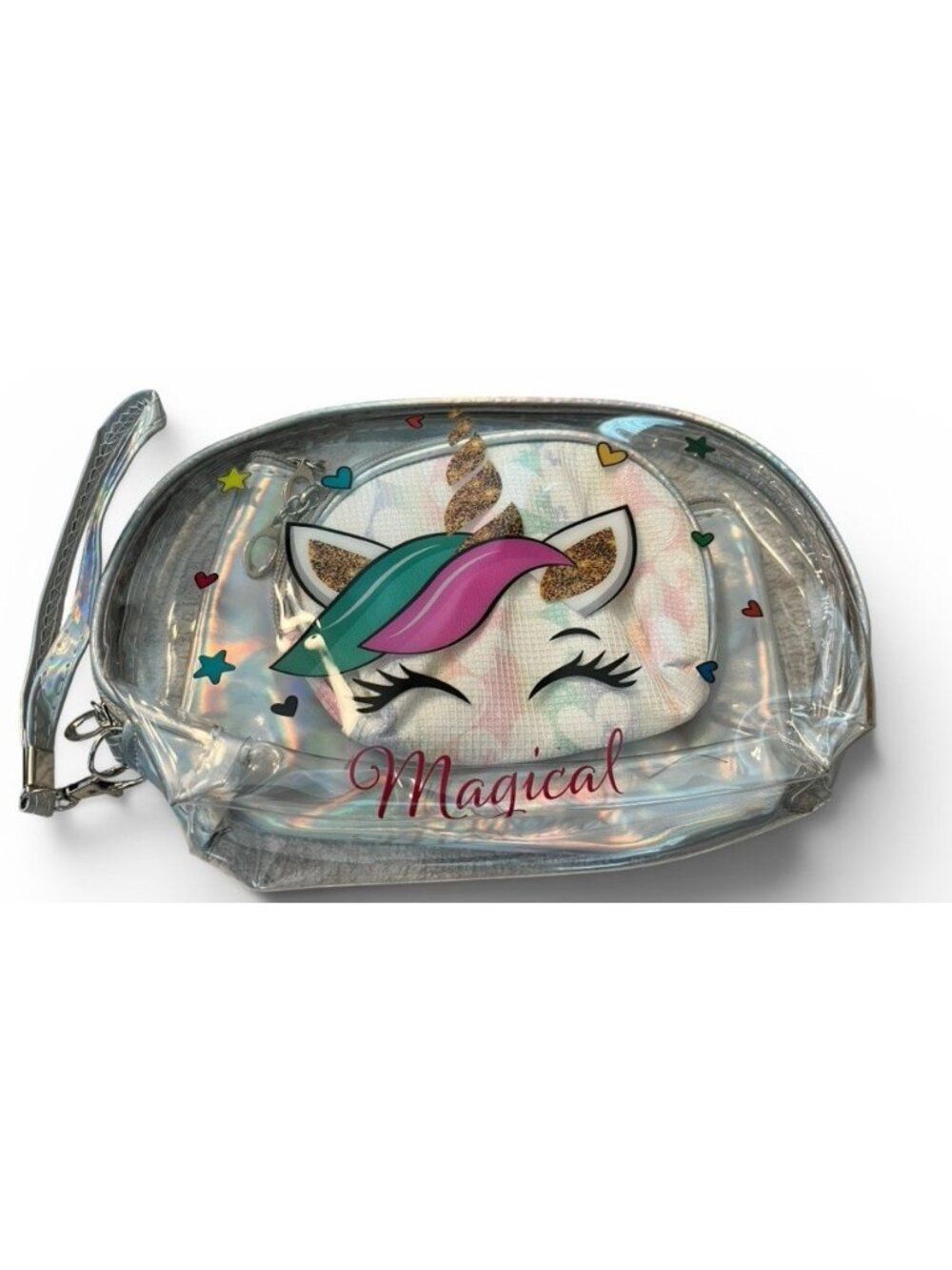 Unicorn Clear Cosmetic Travel Bag Wristlet Concert Makeup Case Set of 3 NWT